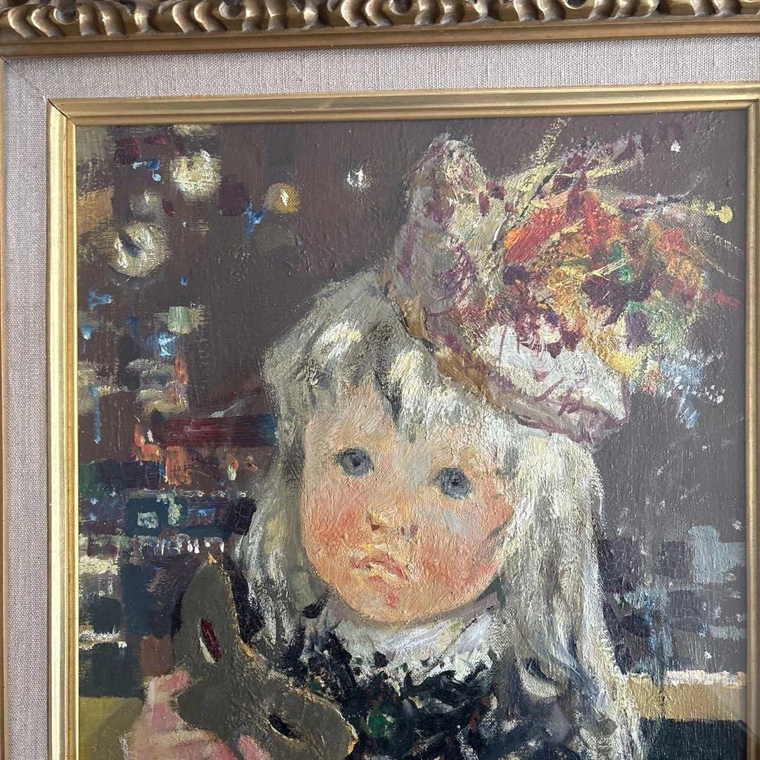 油彩画　「Ｓ．Cｈａｇｎｉｏｌ」作 マスクを持った少女　フランスの画家