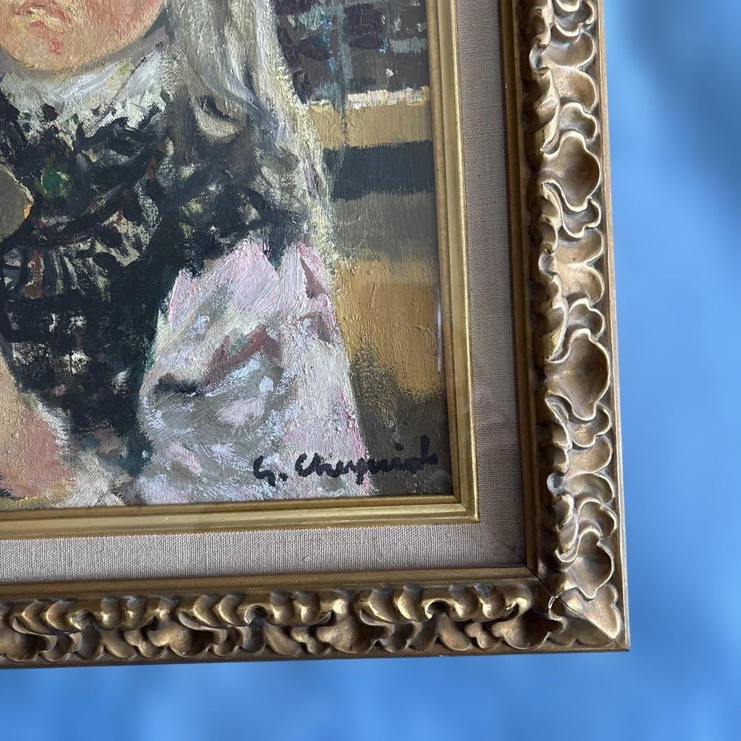 油彩画　「Ｓ．Cｈａｇｎｉｏｌ」作 マスクを持った少女　フランスの画家