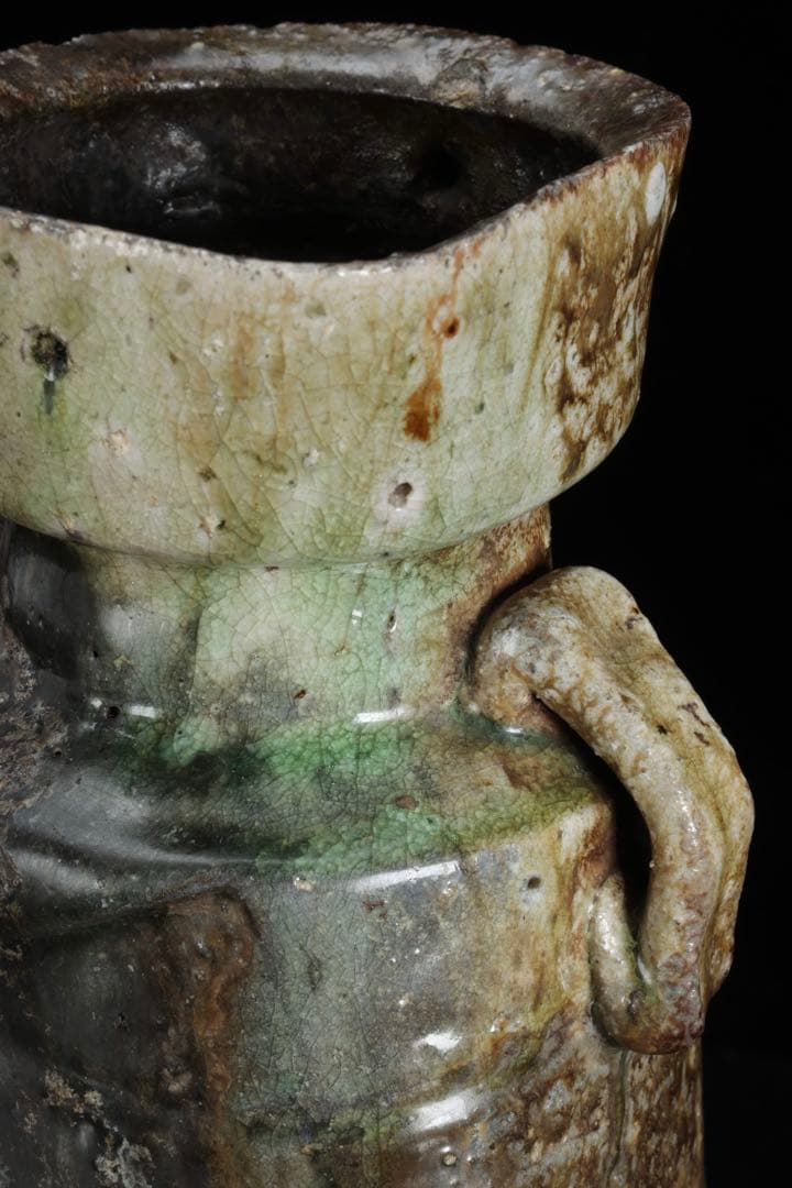 古伊賀耳付花入 花瓶 花器 高さ25㎝ 木箱付 自然釉 窯変 古陶 古美術 骨董