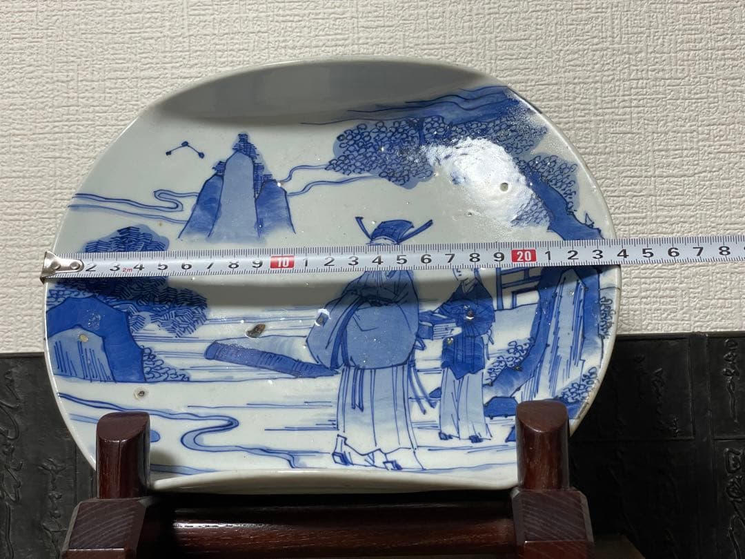 古染付 青花人物図 大皿 新渡 中国古美術 時代物