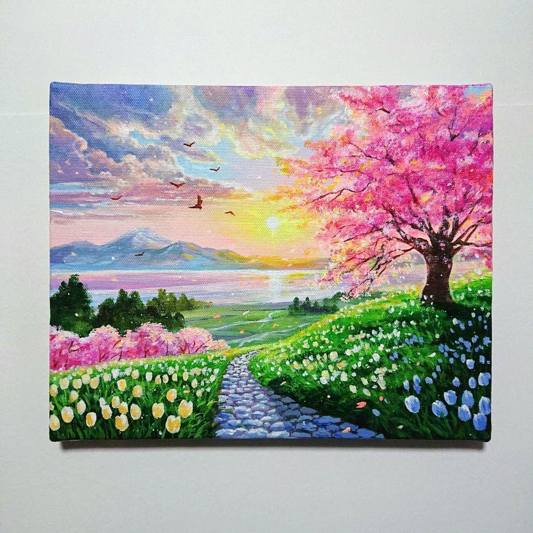 【桜花爛漫】アクリル画 F3 風景画 絵画