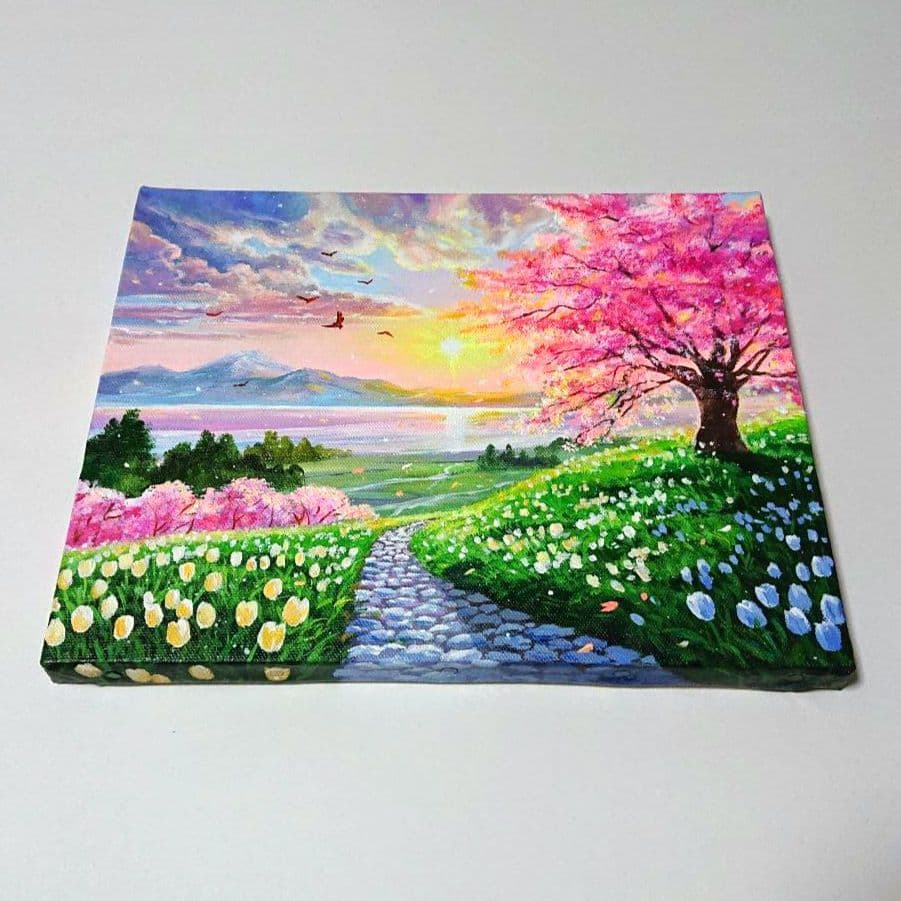 【桜花爛漫】アクリル画 F3 風景画 絵画