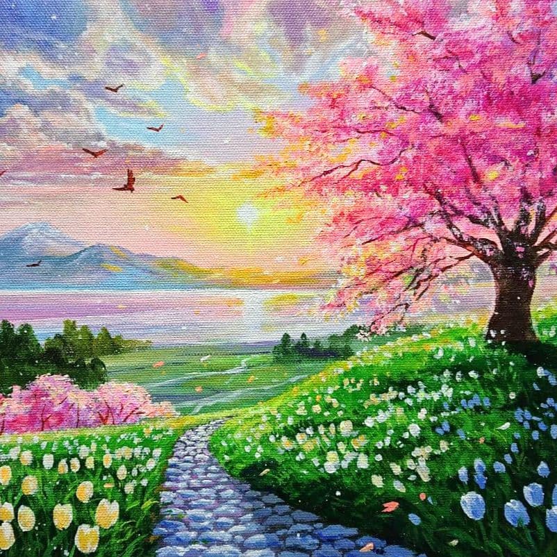 【桜花爛漫】アクリル画 F3 風景画 絵画