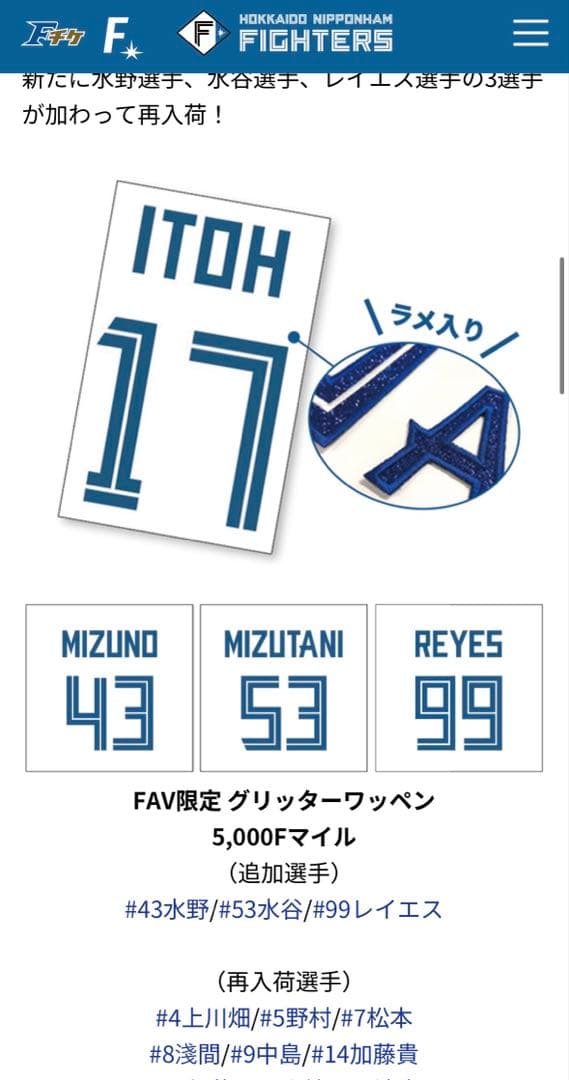 ファイターズ　グリッターワッペン　野村佑希　5 ユニフォーム　日ハム
