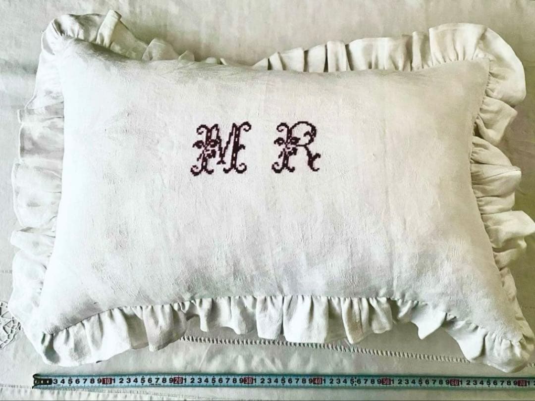 【美品】フランスアンティーク MR赤ハンドステッチ フリルカバー[3313]