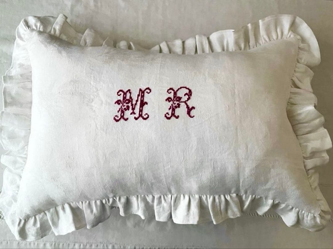 【美品】フランスアンティーク MR赤ハンドステッチ フリルカバー[3313]