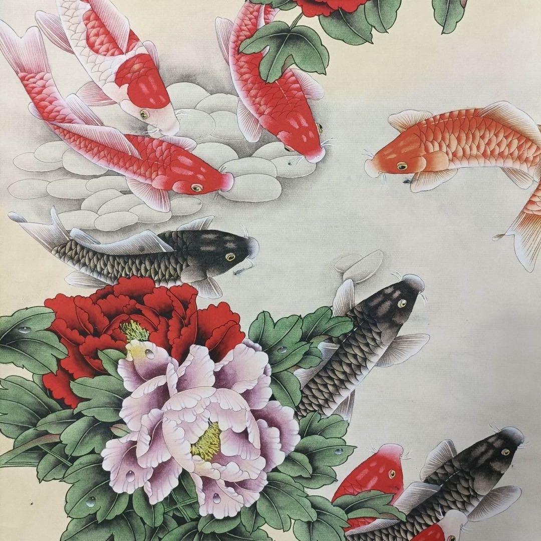 呉青霞 鯉魚図　三尺中堂掛け軸　中国画　宣紙　書画工芸