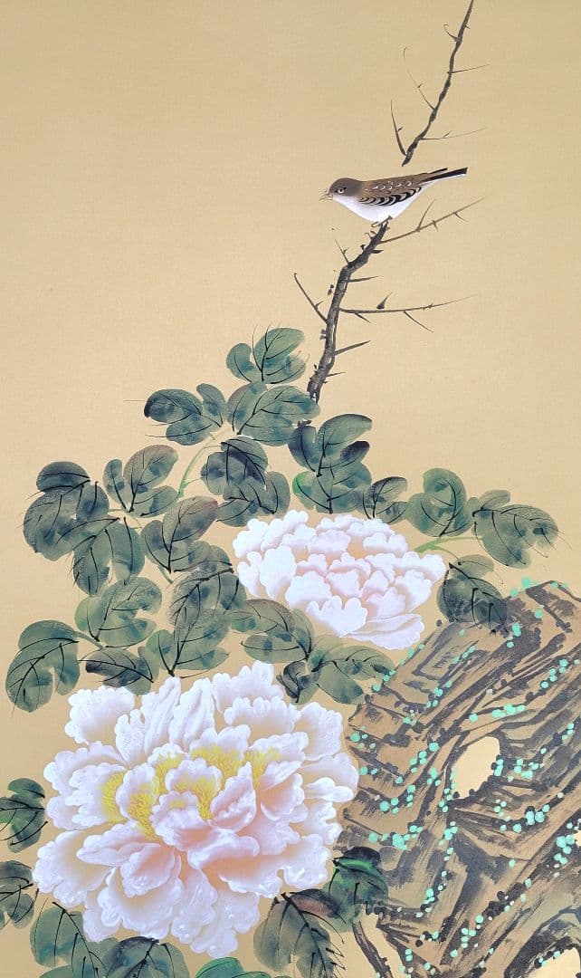 牡丹に小禽図　花鳥画　花肩銘　掛け軸　箱無し　書画、骨董品、美術品