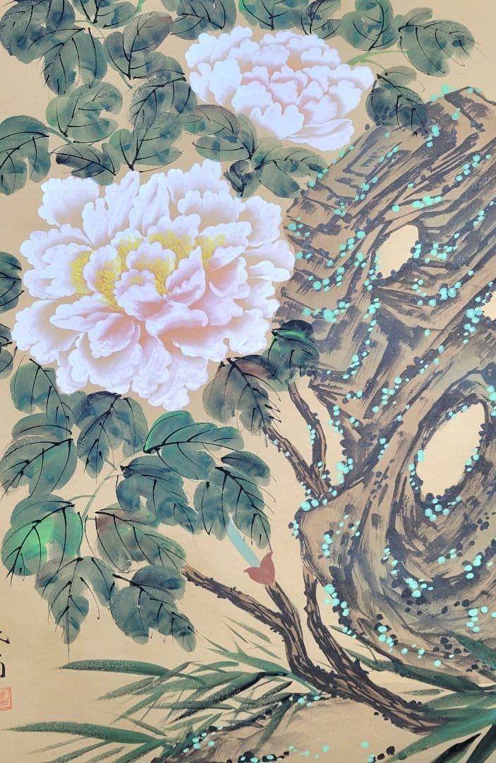 牡丹に小禽図　花鳥画　花肩銘　掛け軸　箱無し　書画、骨董品、美術品