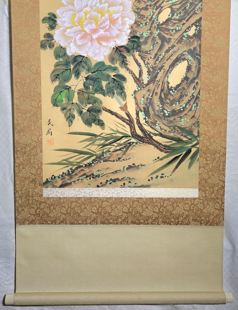 牡丹に小禽図　花鳥画　花肩銘　掛け軸　箱無し　書画、骨董品、美術品