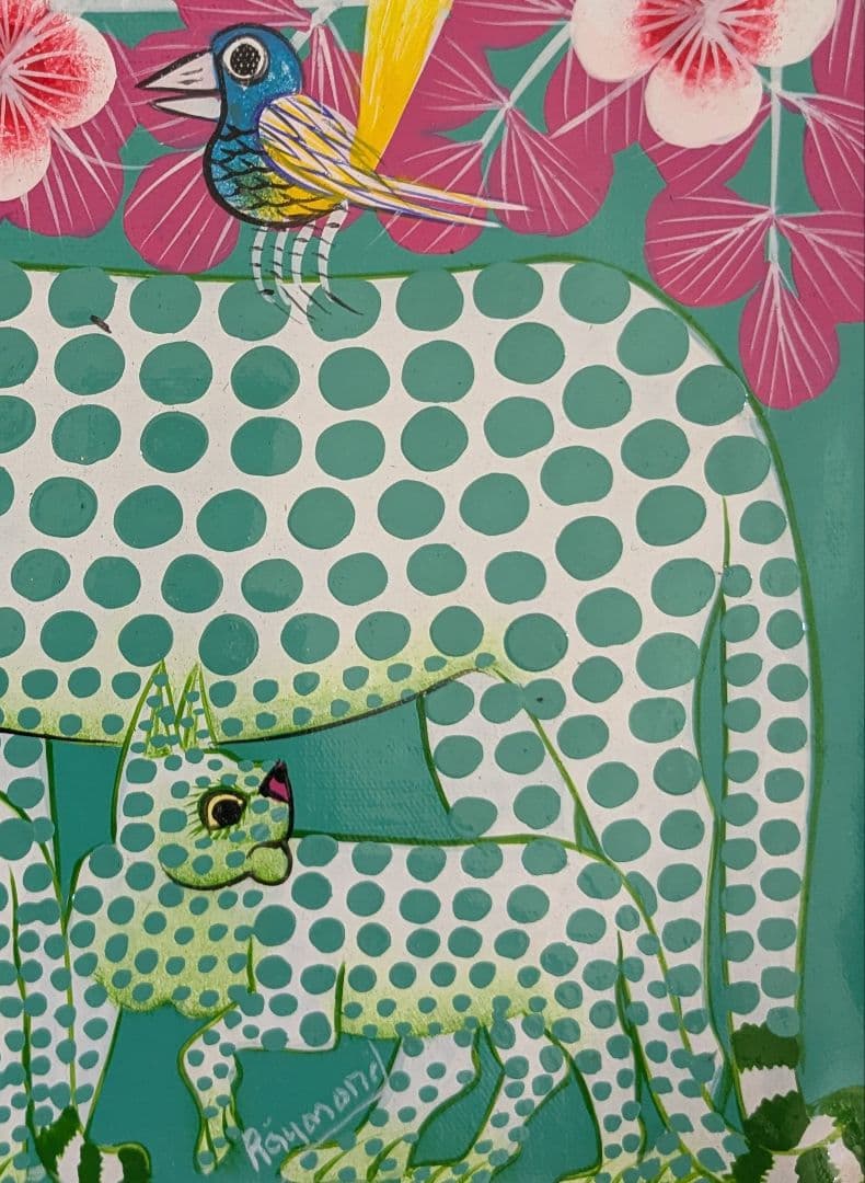 ●アフリカの絵画、ティンガティンガ、チーター、グリーン、20×20