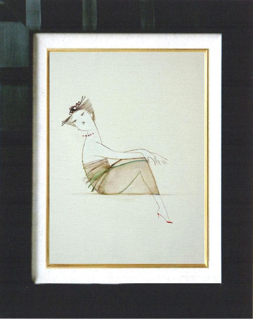 油絵 菅家令子 絵 絵画インテリア額付(青緑＋金色の枠) F4-080315女性