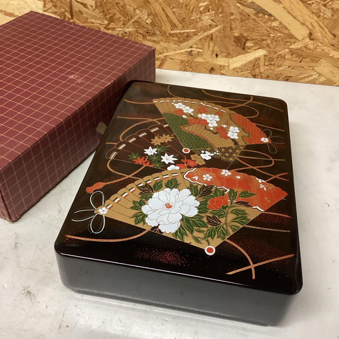 豪華　扇面蒔絵　重箱　漆塗り風　和柄　花模様 箱付　美しい模様　（O1Y）
