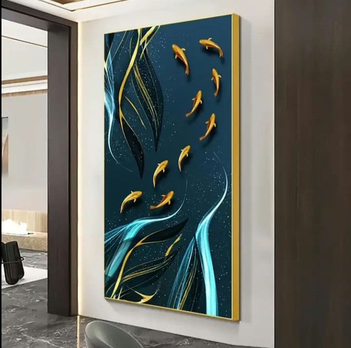 「黒と金の泳ぐ魚」 抽象画キャンバスアートフレーム無し120x60cm