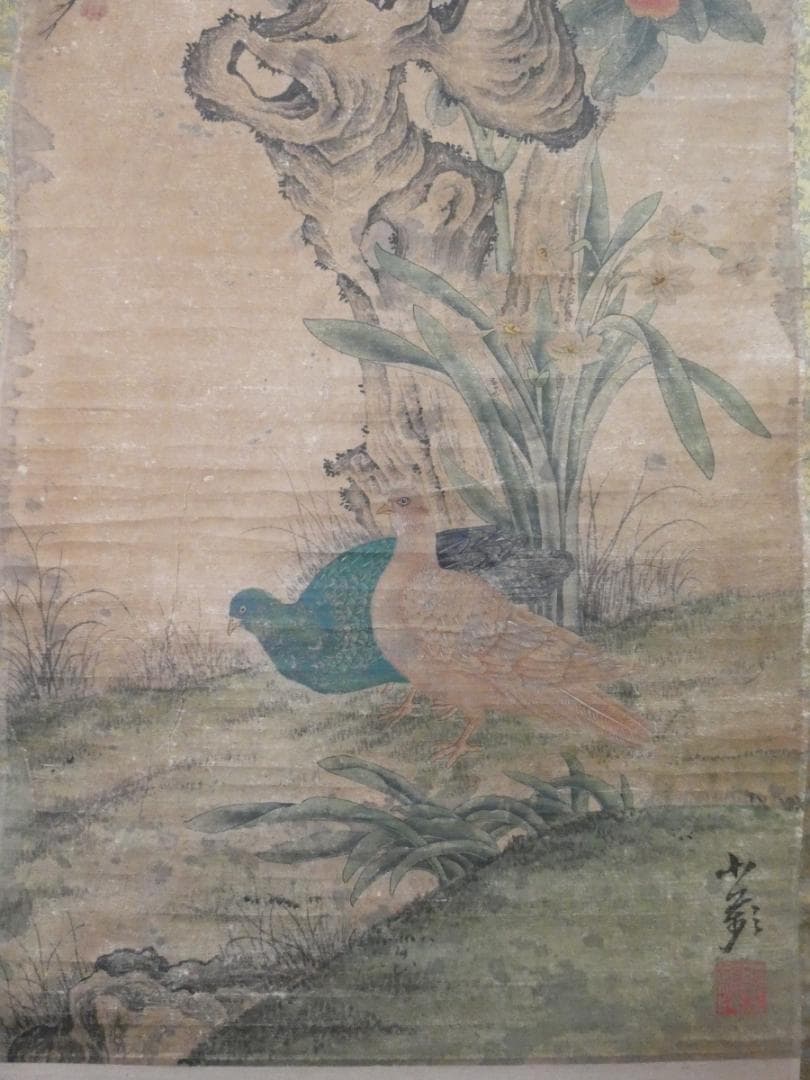 掛け軸 美品 【 野口小頻 】 花鳥　掛け軸　箱無し 紙本