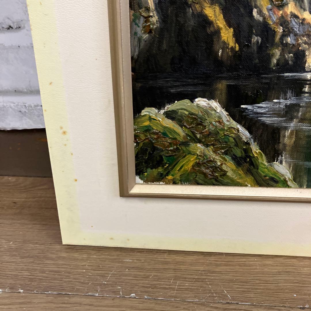 【真筆・油彩画】風景画「筏下り」サイン有 T.ISAKA