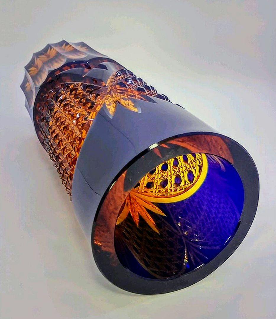【新品未使用】門脇硝子加工所 江戸切子 アンバークリスタル 花器（琥珀色瑠璃）