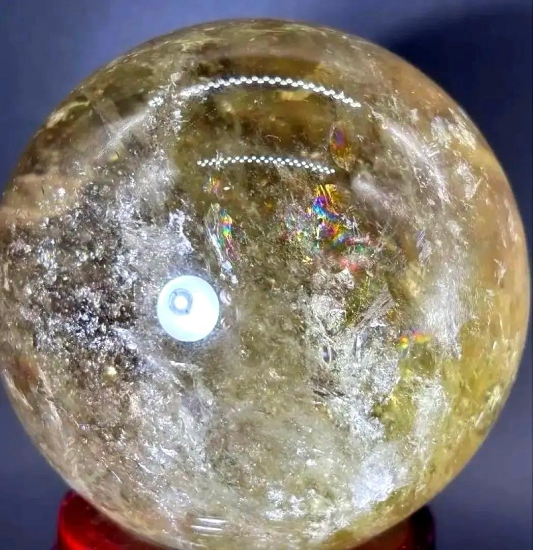 天然石　金運　特大アイリススモーキーシトリンスフィア　台座付き　透明、大量虹入り