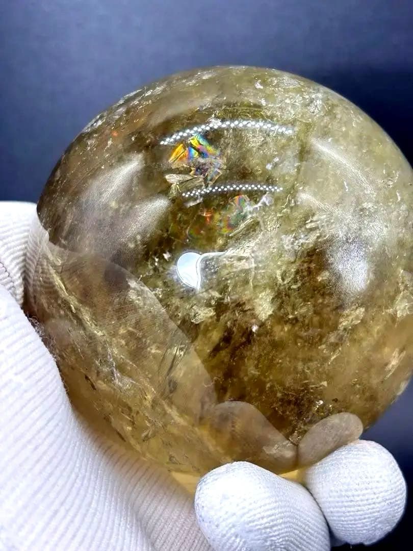 天然石　金運　特大アイリススモーキーシトリンスフィア　台座付き　透明、大量虹入り