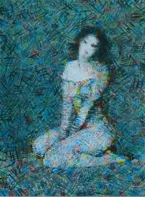 油絵 菅家令子 絵 絵画インテリア額付(青緑＋金色の枠)uF6-010611女性