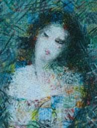油絵 菅家令子 絵 絵画インテリア額付(青緑＋金色の枠)uF6-010611女性