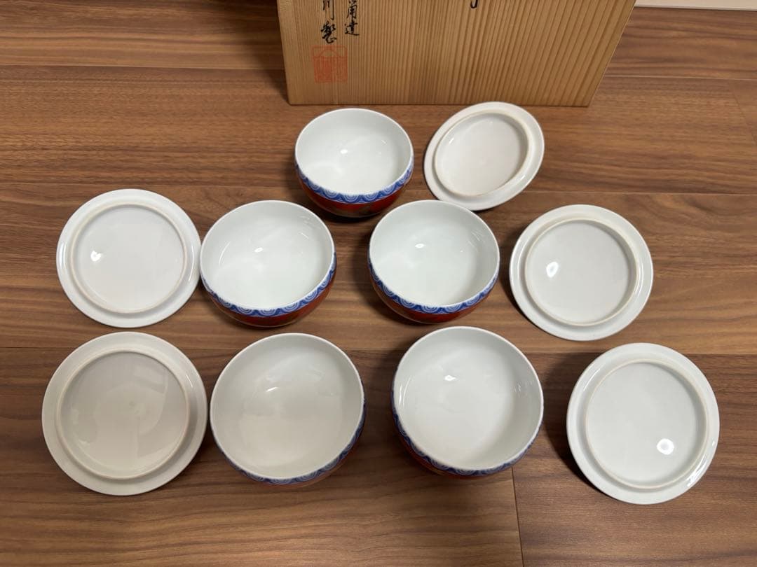 深川製磁　瑠璃彩磁　茶器揃　染錦手波鶴紋　赤絵金彩　美術有田焼