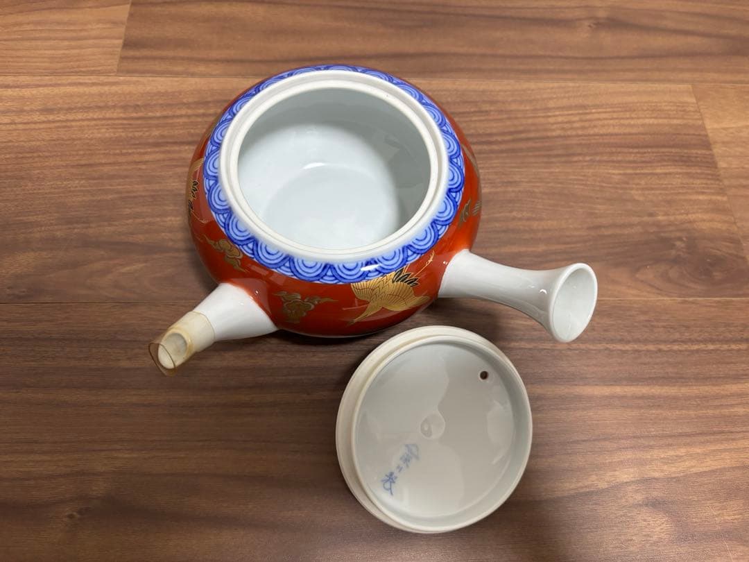 深川製磁　瑠璃彩磁　茶器揃　染錦手波鶴紋　赤絵金彩　美術有田焼