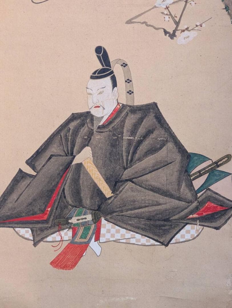 【真作】掛軸　天神図掛軸　梅花に坐す菅原道真公　学業成就・合格祈　合箱入　V97