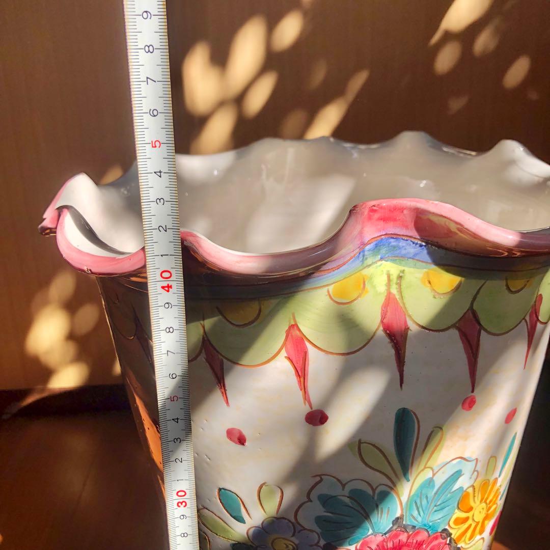 イタリア製高さ42㎝手書き花柄陶器製フリル陶器花瓶傘立てピンク系アンティーク
