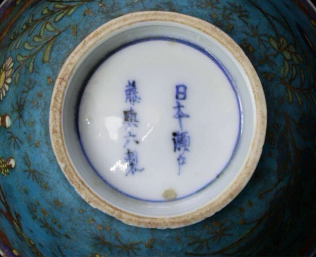 瀬戸焼 七宝茶碗 明治 共箱付 在銘 煎茶道具 磁胎七宝 花蜻蛉図盃 染付
