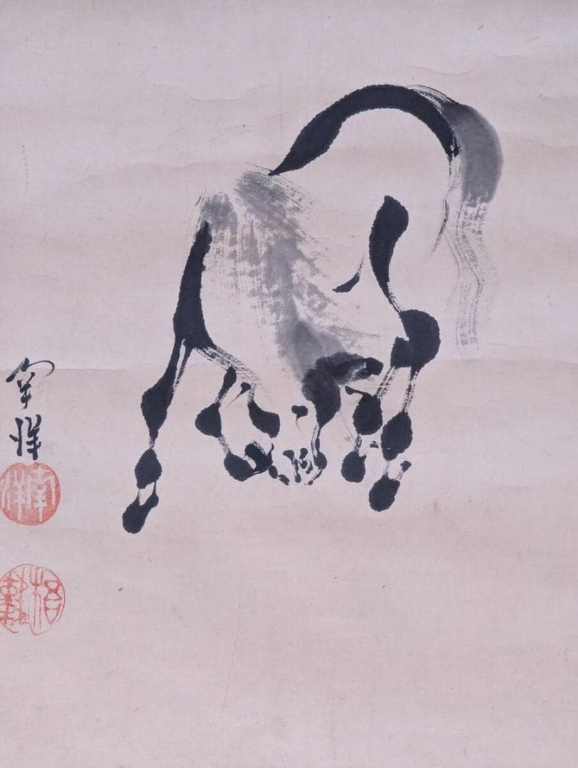 【真作】掛軸　双馬図　水墨画　日本画　気韻生動の筆致　駿馬図　V10