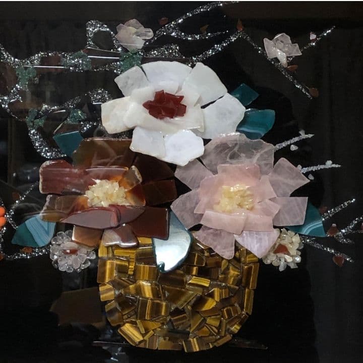 貴石画 宝石画 石細工 瑪瑙 花 ゴールドフレーム 高級 伝統工芸 古美術 骨董