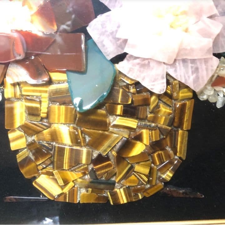 貴石画 宝石画 石細工 瑪瑙 花 ゴールドフレーム 高級 伝統工芸 古美術 骨董