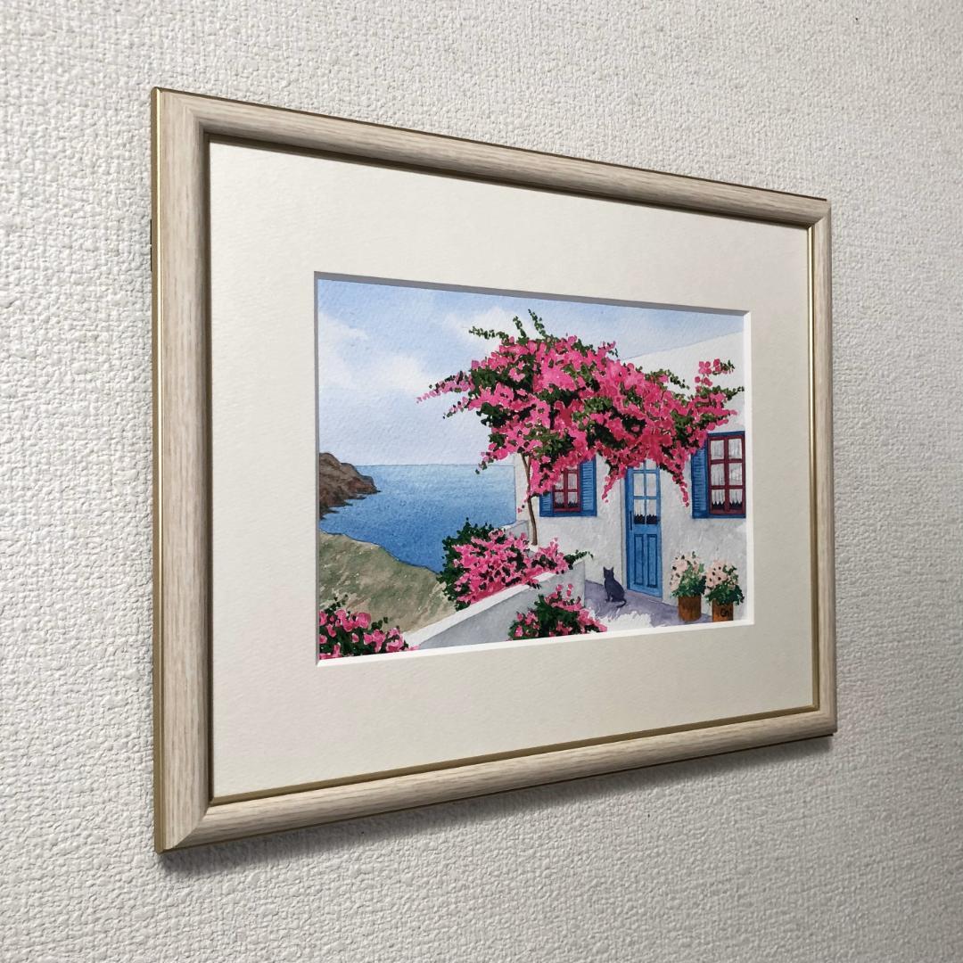 透明水彩画　原画　「エーゲ海とブーゲンビリア05」額縁付　SMサイズ