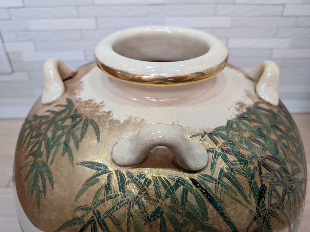 仁清写　 岡田暁山作　毛彩色絵花御所車図　四耳壺　飾壺　共箱茶道具