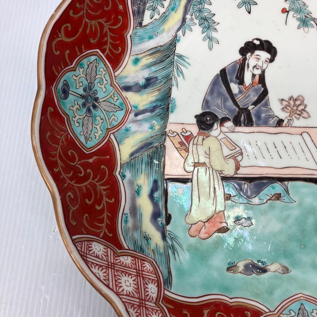 【希少】江戸後期？ 古伊万里 色絵 唐人図 大皿 径約32cm 輪花皿 骨董品