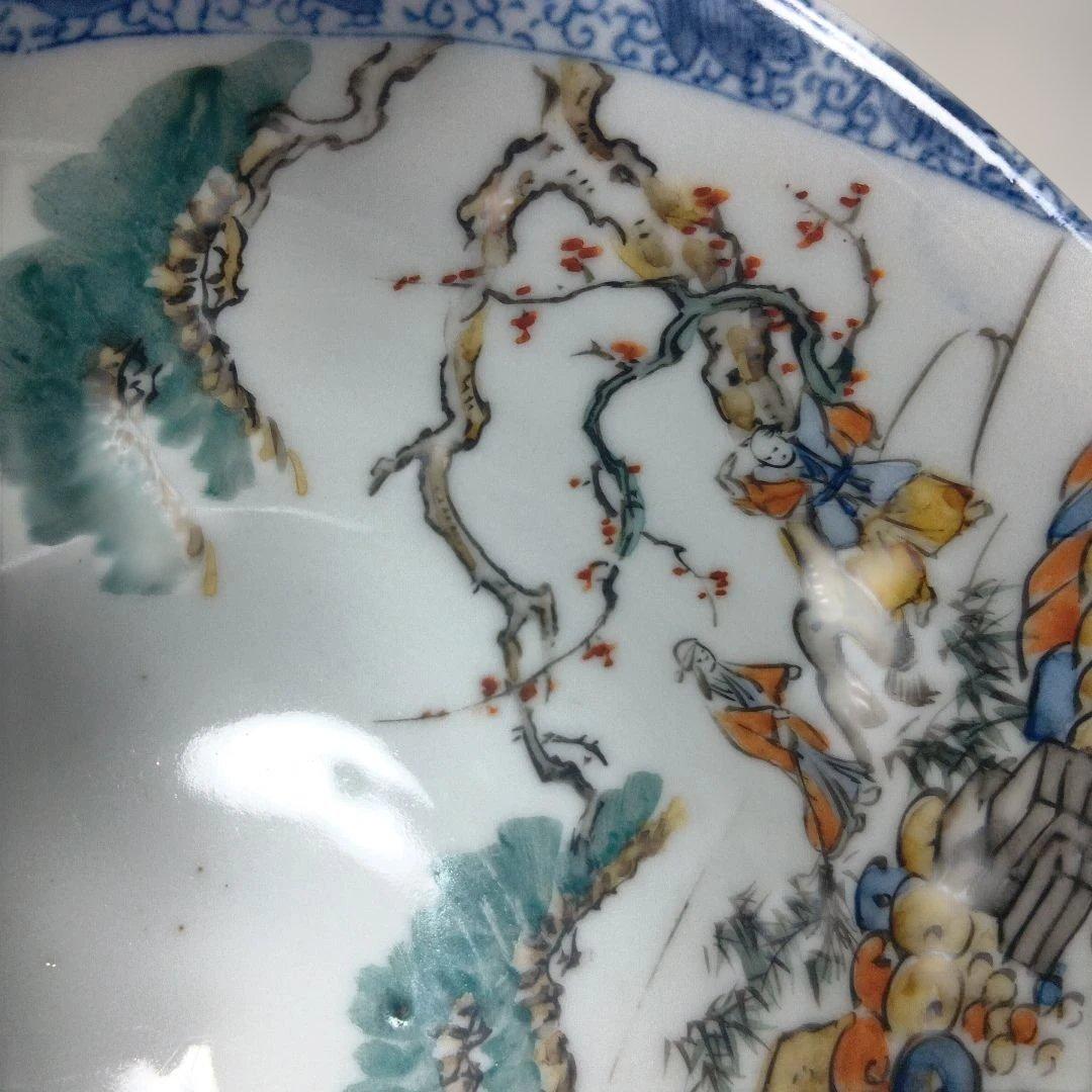 骨董品　庄上製　還了樋口 手描きの青白い陶器の深皿