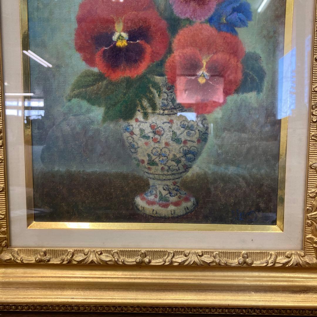 パンジー 静物画 油彩 額装 サイン有り 華やか 花 壺 壁掛け 立掛け