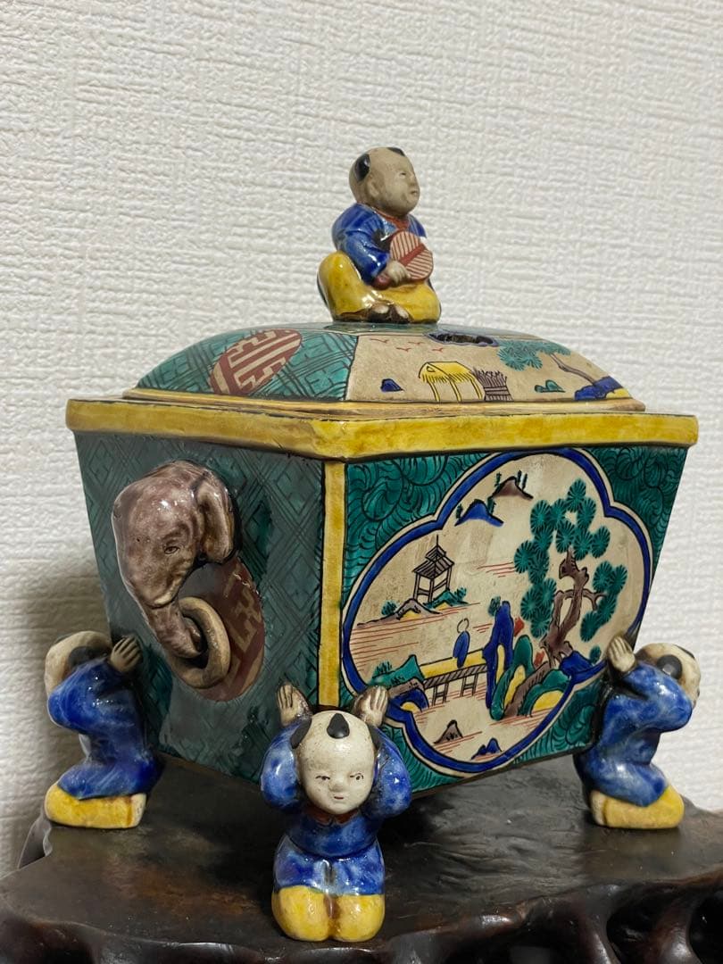 九谷焼風 童子香炉 / 置物 古美術 アンティーク 陶器 細密絵付け