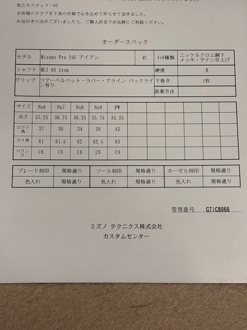 Mizumo Pro 245アイアン MCI 80R（5-9、P）６本セット