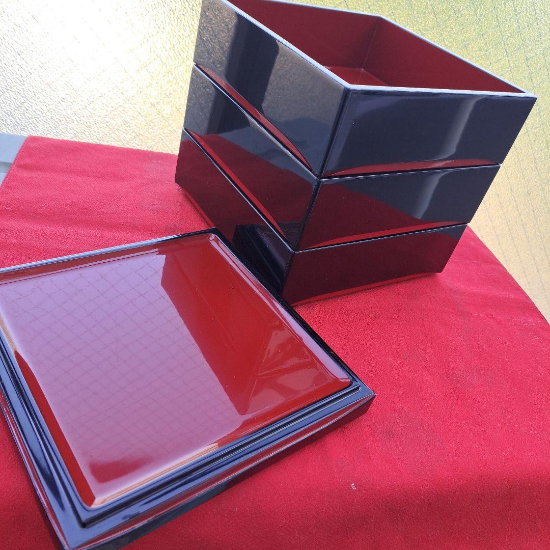 【会津漆器　6.5寸3段重箱】天然木製　ダイヤ型　黒塗　長期保管品