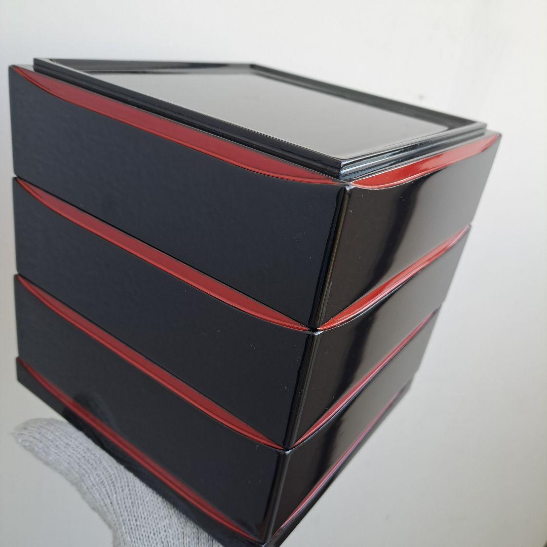 【会津漆器　6.5寸3段重箱】天然木製　ダイヤ型　黒塗　長期保管品