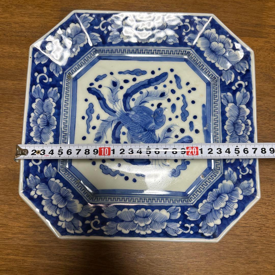 古伊万里 染付 鳳凰牡丹文 八角大皿 28cm 飾り皿 骨董