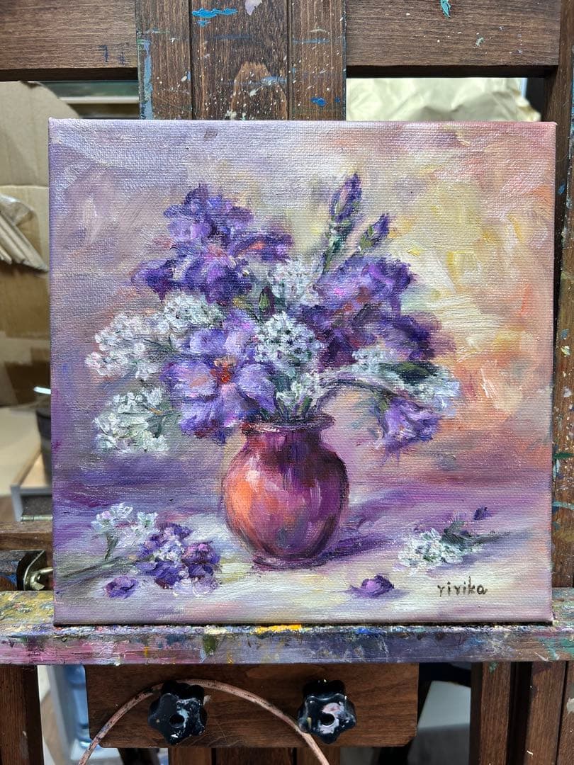 花瓶の花（紫）油彩画