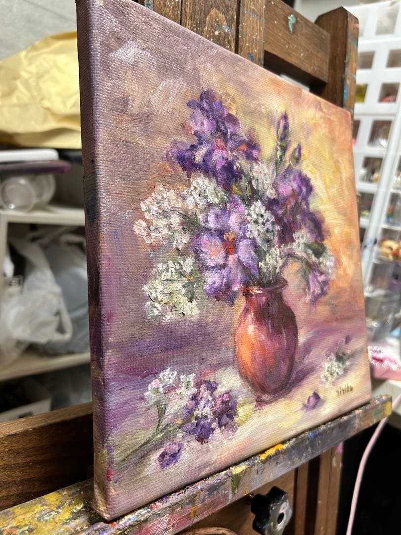 花瓶の花（紫）油彩画