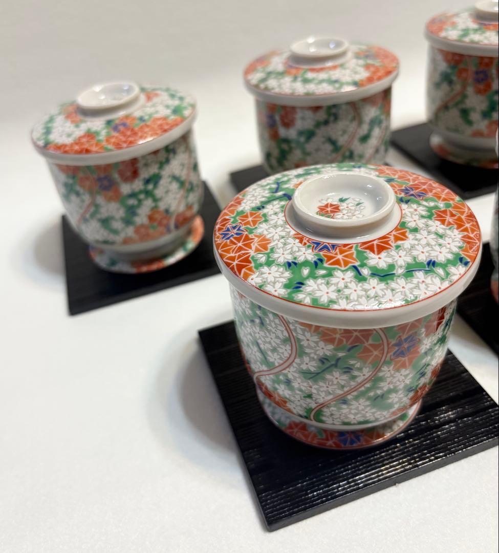 藍窯 錦春秋蒸し碗 茶碗蒸し 蓋物 木製＋陶器台付 桜 紅葉 和食器 5客