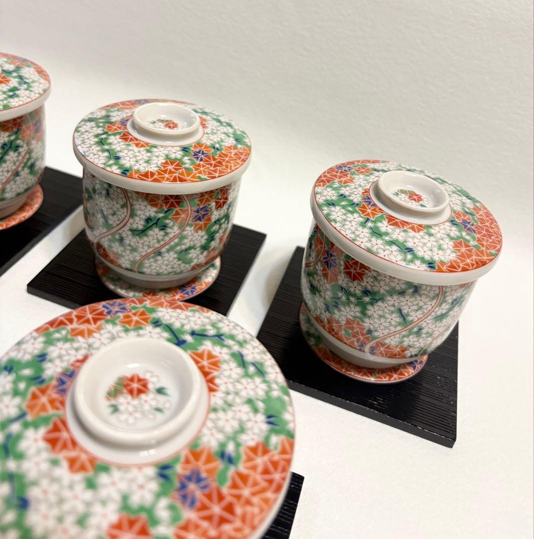 藍窯 錦春秋蒸し碗 茶碗蒸し 蓋物 木製＋陶器台付 桜 紅葉 和食器 5客