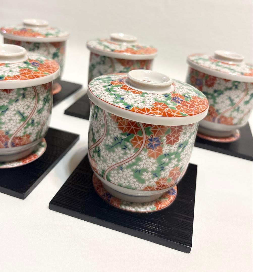 藍窯 錦春秋蒸し碗 茶碗蒸し 蓋物 木製＋陶器台付 桜 紅葉 和食器 5客