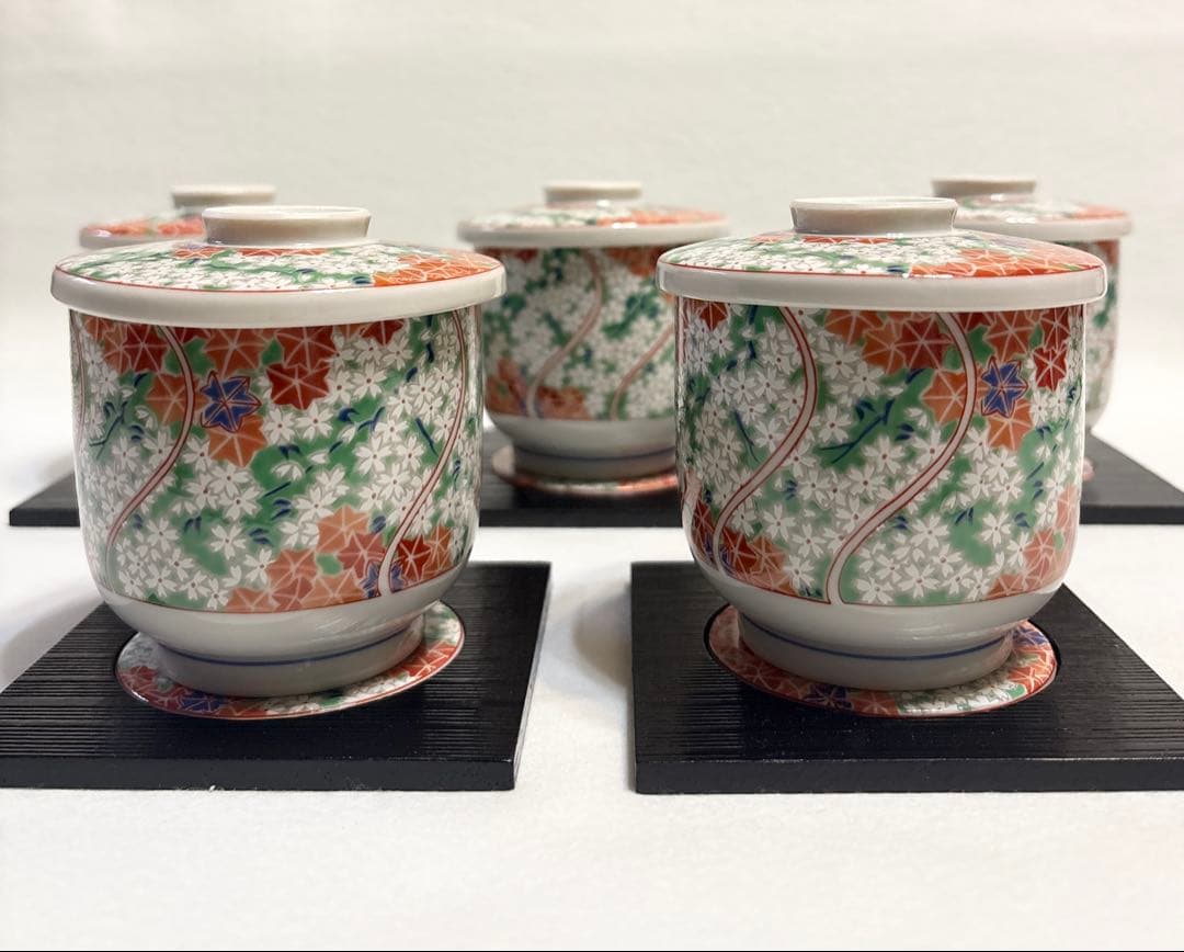 藍窯 錦春秋蒸し碗 茶碗蒸し 蓋物 木製＋陶器台付 桜 紅葉 和食器 5客