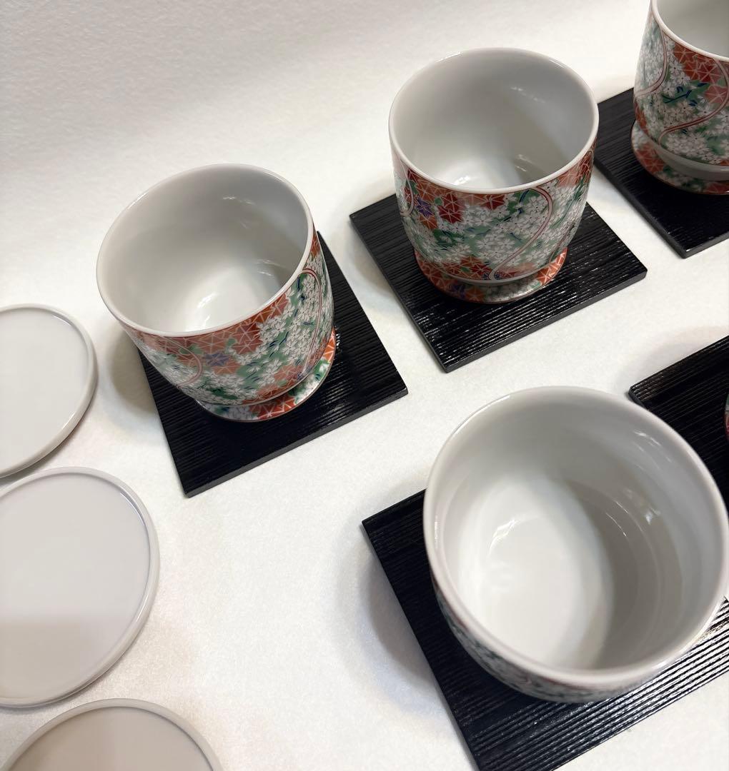 藍窯 錦春秋蒸し碗 茶碗蒸し 蓋物 木製＋陶器台付 桜 紅葉 和食器 5客